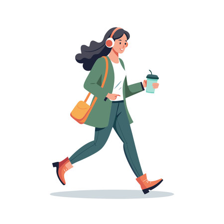 Stylish woman walking with coffee cup and headphones in a flat vector illustrationのイラスト素材