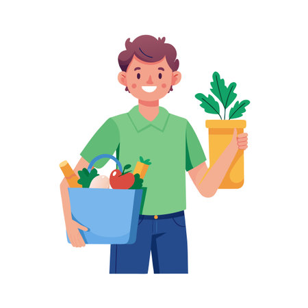 A young man carries a grocery bag and potted plant on a white backgroundのイラスト素材