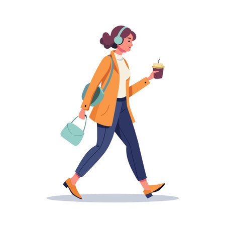 Woman walking with headphones and coffee: Stylish illustration of urban lifestyle and commuteのイラスト素材