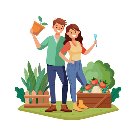 Couple gardening together with potted plant and vegetables in wooden crate outdoor sceneのイラスト素材