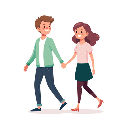Happy young couple walking together hand in hand in a flat vector illustration styleのイラスト素材