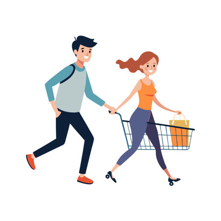 Couple enjoy shopping together, pulling a shopping cart filled with purchases with excitementのイラスト素材