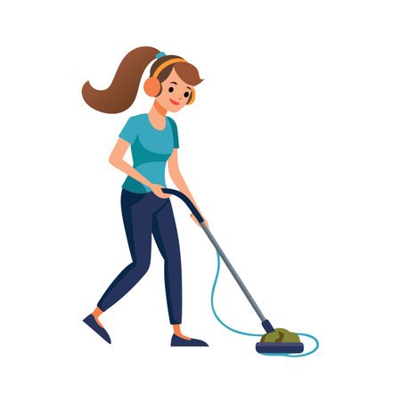 Young woman cleaning with vacuum cleaner and wearing headphones, house cleaning and choresのイラスト素材