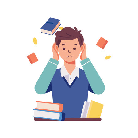 Stressed student overloaded with information and academic burden with books flying around his headのイラスト素材