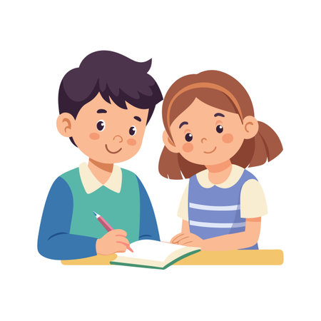 Cartoon style illustration of a boy and a girl studying together at a deskのイラスト素材