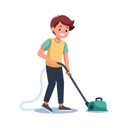 Happy Young Man Vacuuming Floor in Cartoon Style Home Cleaning Conceptのイラスト素材
