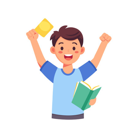 Excited young boy holding book and raising arms in joy against white backgroundのイラスト素材