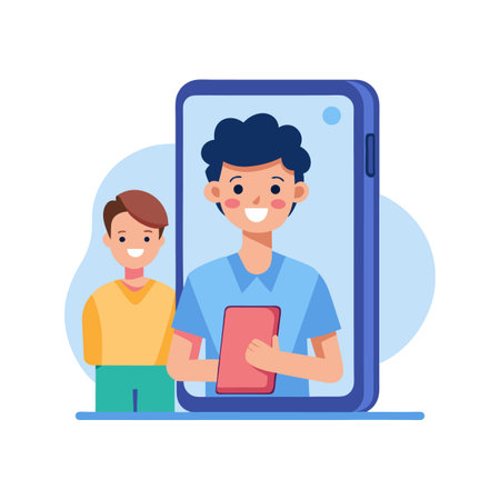 Boy Holding Tablet Through Smartphone Screen Showing Online Connection in a Flat Illustration Styleのイラスト素材
