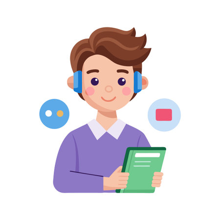 Friendly Young Student Wearing Headphones Holding Notebook in a Flat Vector Styleのイラスト素材