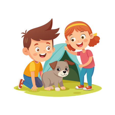 Happy cartoon kids camping with their dog, having fun together in natureのイラスト素材