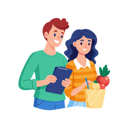 Couple Doing Grocery Shopping Together, Man With Clipboard, Woman With Shopping Bag Filled With Veggiesのイラスト素材