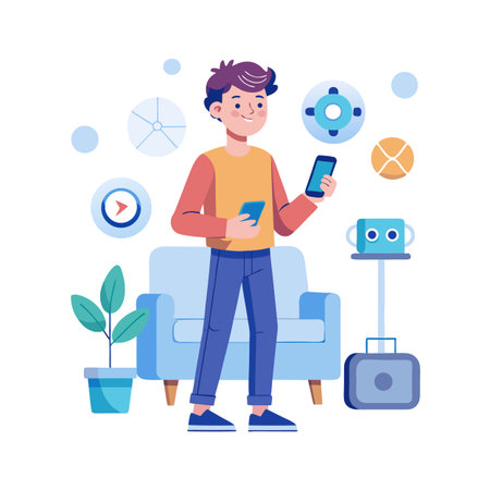 Young man using smartphone at home surrounded by digital icons in a modern settingのイラスト素材