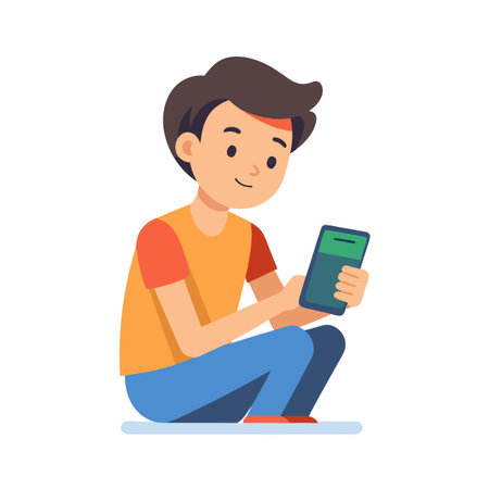 Young man using a mobile phone sitting in a casual posture, flat design illustrationのイラスト素材