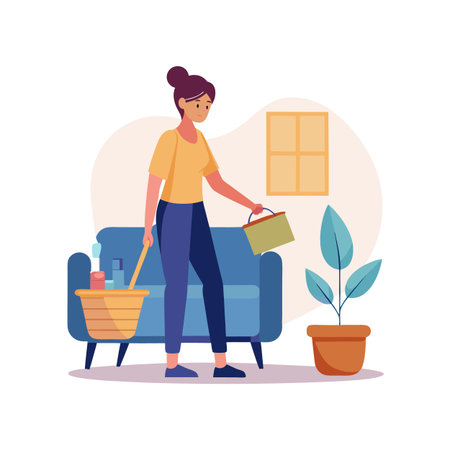 Young woman organizing a living room with plant and modern furniture vector illustrationのイラスト素材