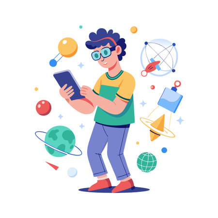 A student using a tablet surrounded by planets and cosmic elements in flat vector designのイラスト素材