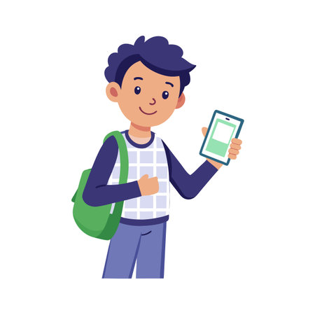 Cartoon school boy holds a cell phone and carries a green bag on shoulderのイラスト素材