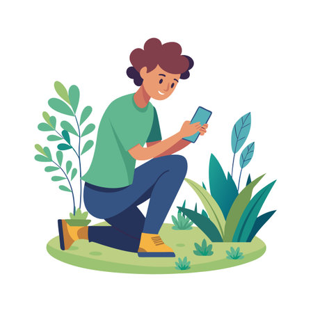 Illustration of a young person using a smartphone amongst plants outdoors with bright colorsのイラスト素材