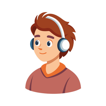 Cartoon-style illustration of a young man with headphones listening to musicのイラスト素材