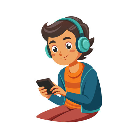 Boy listening to music on headphones while using a smart phone cartoon vectorのイラスト素材