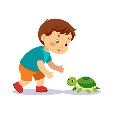 Young boy reaching out towards a small green turtle in flat cartoon illustrationのイラスト素材