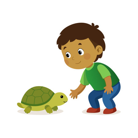 A young boy curiously approaches a small turtle in a friendly manner on white backgroundのイラスト素材