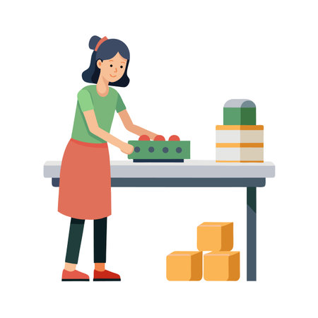 Young woman working and preparing food in kitchen with tomatoes and cake boxes on tableのイラスト素材