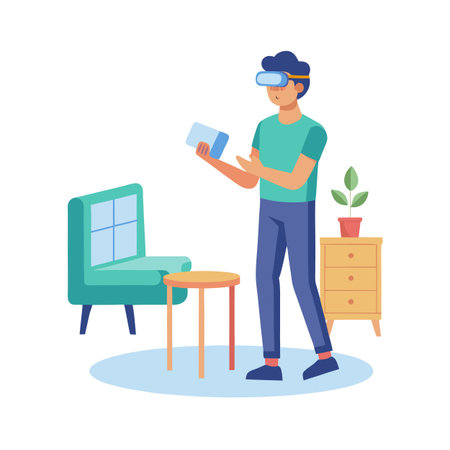 Young Man Engaging with Augmented Reality in a Modern Living Room Settingのイラスト素材