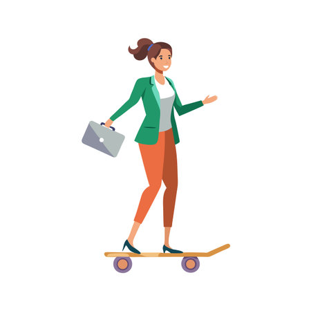 Businesswoman commuting to work on a skateboard with briefcase in trendy flat vector designのイラスト素材