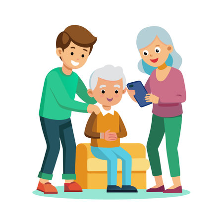 Family showing elderly father a cell phone in flat design style illustrationのイラスト素材