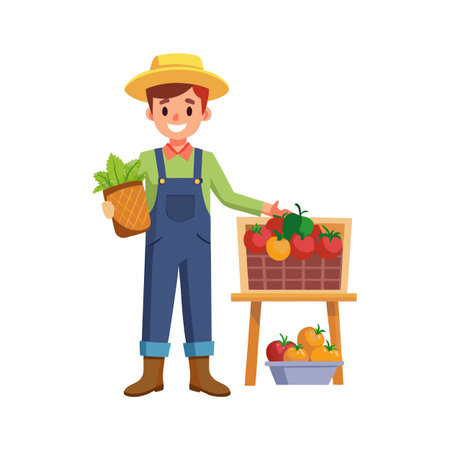 A cheerful farmer presents fresh vegetables at an outdoor market stall illustrationのイラスト素材