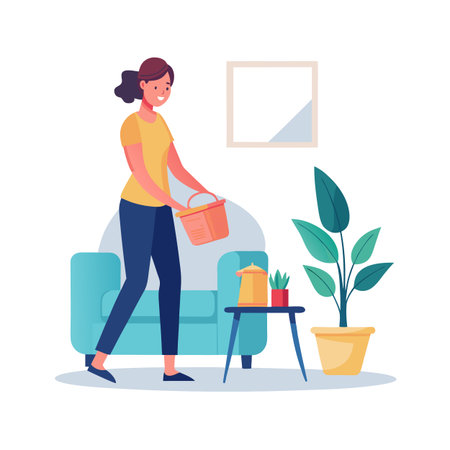 Woman tidying her apartment with a bucket near a plant and light-blue couchのイラスト素材