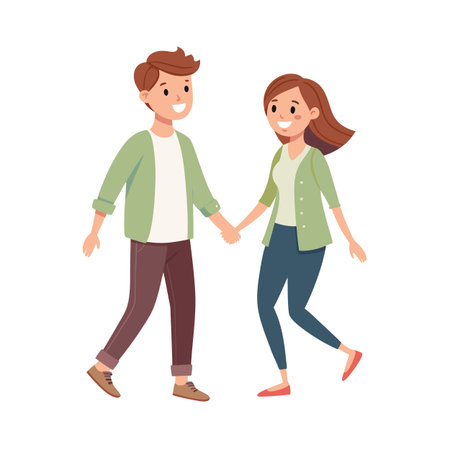 Couple holding hands walking together, representing youthful love and connection in a bright, flat designのイラスト素材