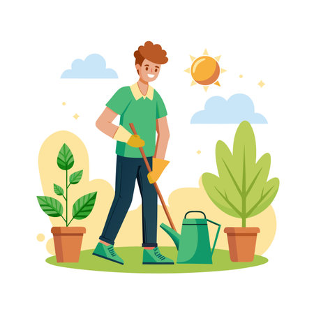 Man gardening potted plants on a bright day, cartoon flat vector illustrationのイラスト素材