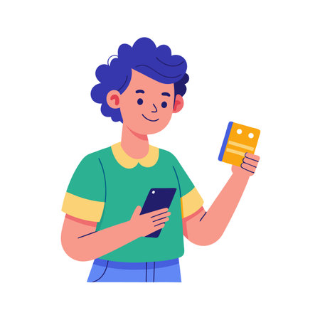 Cartoon Young Adult Holding Smartphone and Yellow Digital Device for Communication and Technologyのイラスト素材