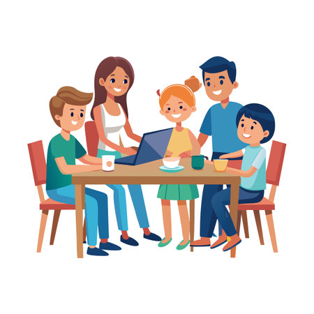 Family Togetherness: Mother Working on Laptop with Cheerful Children Around the Wooden Tableのイラスト素材