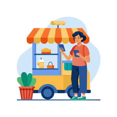 Young woman using a tablet at a vibrant food stall in a flat vector illustrationのイラスト素材