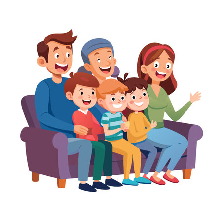Happy family of five sitting together on a purple couch smiling and waving handのイラスト素材