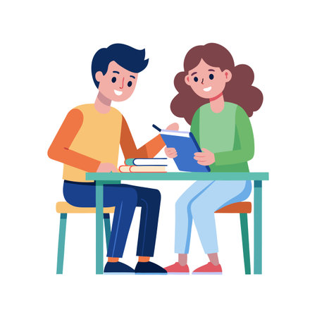 Two students working together on a project, studying with books in a brightly lit roomのイラスト素材