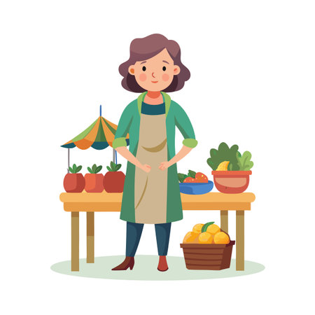 Female Farmer at a Colorful Market Stall Selling Fresh Produce, Cartoon Vector Illustrationのイラスト素材