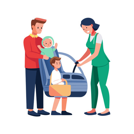 Family car trip: parents loading children into the car for a travel adventureのイラスト素材