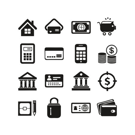 Financial Icons Set Depicting Banking, Money, and Investment Solutions in Black and Whiteのイラスト素材
