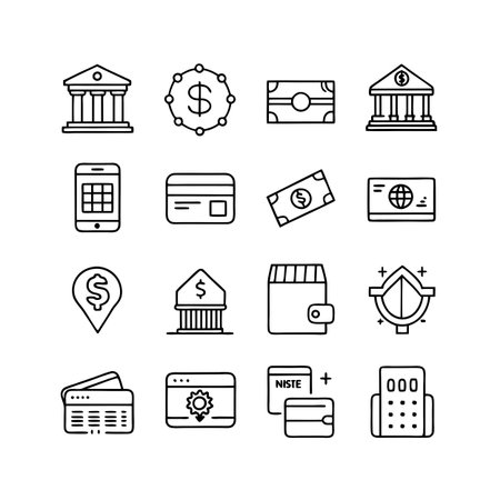 Line art icons depicting finance, banking, security, and online transaction symbols.のイラスト素材