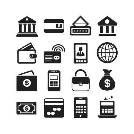 Black and white finance icons illustrating banking, payments, and global economic transactionsのイラスト素材