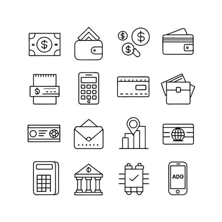 Finance and banking related icons including currency, wallet, and phone appのイラスト素材