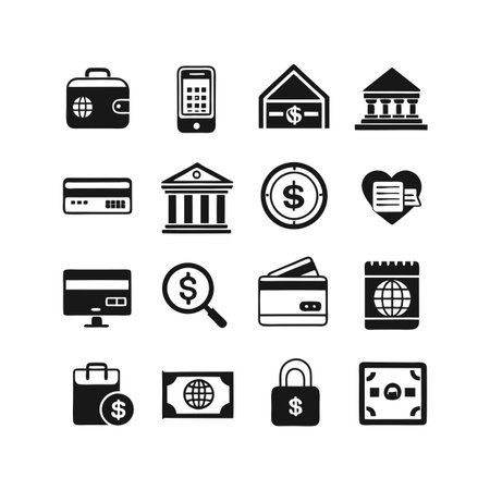 Financial icons on a white background representing banking, finance, and the global economyのイラスト素材