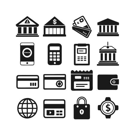 Financial technology and banking services icons set in simple black and white vector artのイラスト素材
