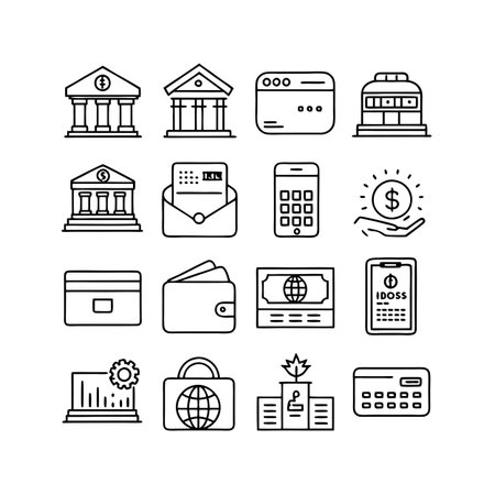 Financial Icons Set: Banking, Online Payment, Investment, Business and Transaction in Linear Styleのイラスト素材