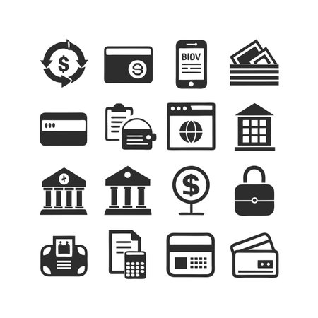Black and white business icon set including finance, banking, security, and internet conceptのイラスト素材
