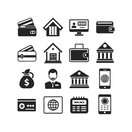 Black and white vector icons representing finance and banking concepts on a white background.のイラスト素材