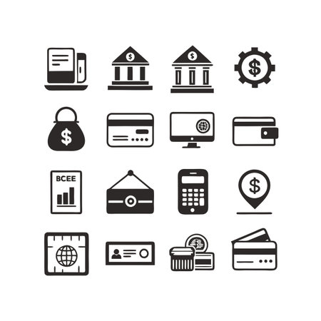 Financial Services Icons: Banking, Transactions, Security, and Technology Elements for Businessのイラスト素材